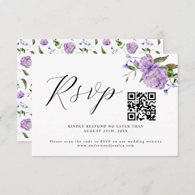 Purple Floral Wedding QR Code RSVP Card (Front/Back)