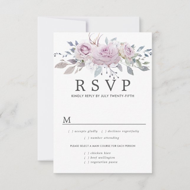 Purple Floral Wedding RSVP Card, Meal Options (Front)