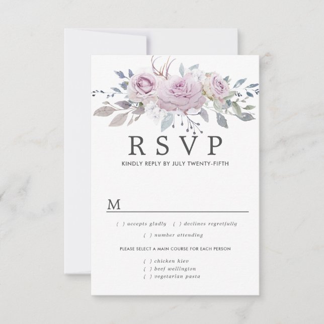 Purple Floral Wedding RSVP Card, Meal Options Card (Front)