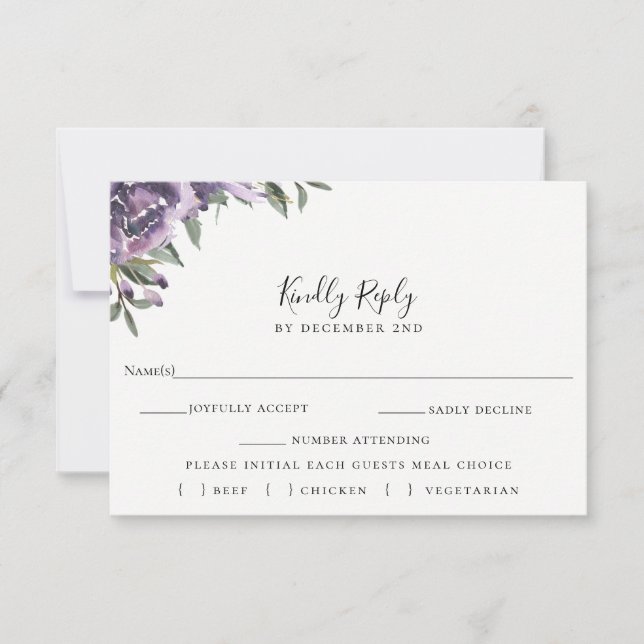 Purple Floral Wedding RSVP Meal Choice Card (Front)