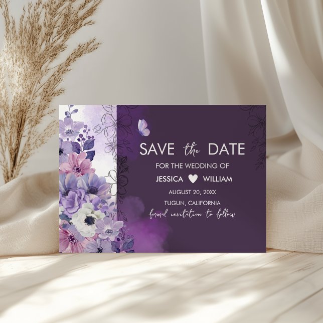 Purple Floral Wedding Save the Date Card (Creator Uploaded)