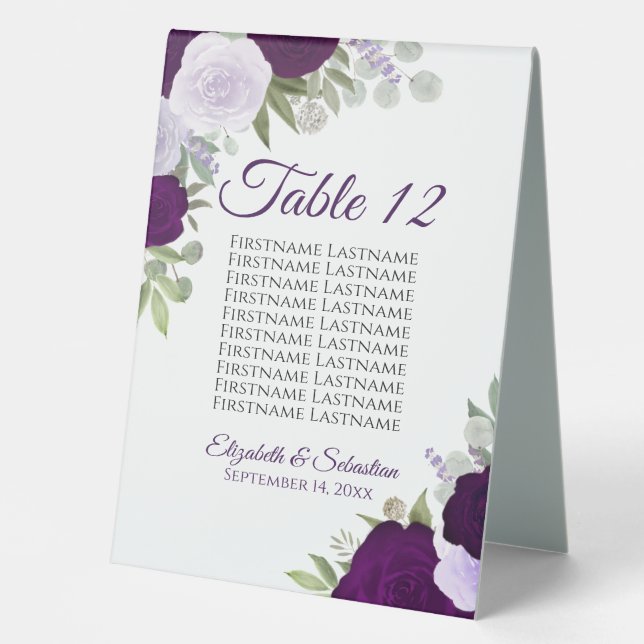 Purple Floral Wedding Seating Chart Table Number (Front)