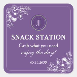 Purple Floral Wedding Snack Station Square Sticker