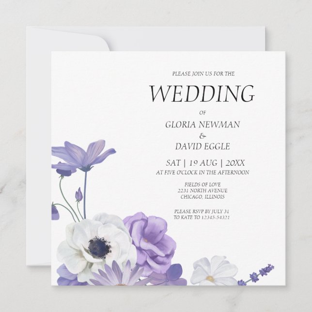 Purple Floral Wedding Square Invitation (Front)