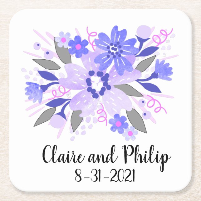 Purple Floral Wedding Square Paper Coaster (Front)