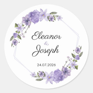 Purple Floral Wedding Sticker Circle Label
