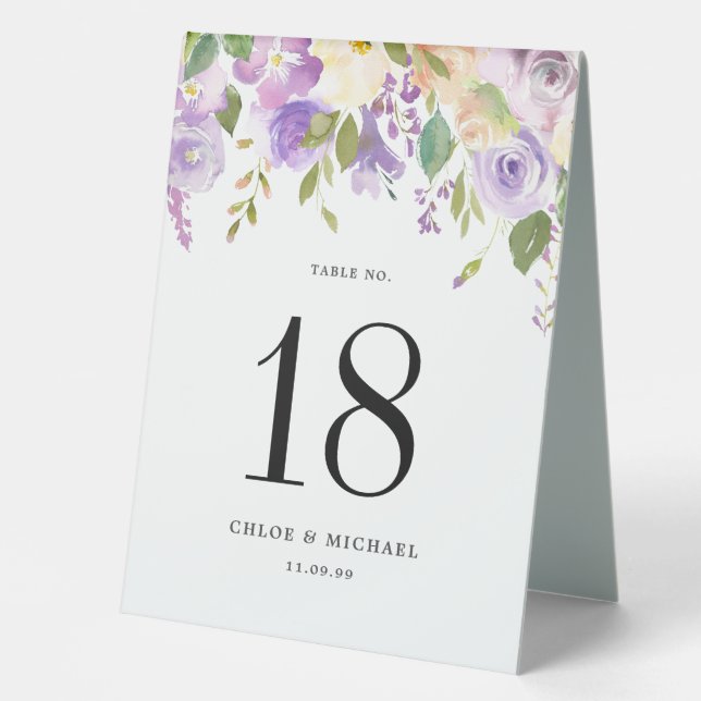 Purple Floral Wedding Table Number (Front)