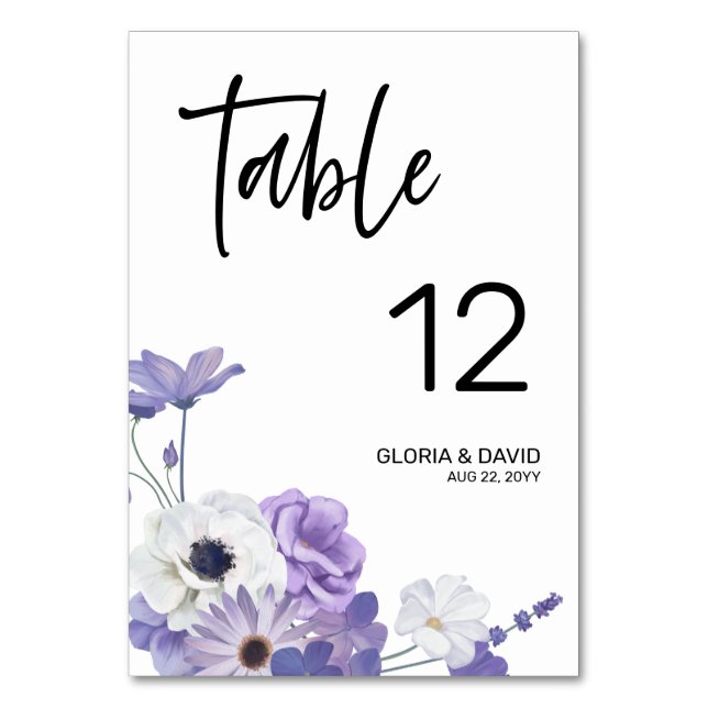 Purple Floral Wedding Table Number card (Front)