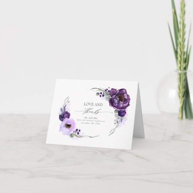Purple Floral Wedding Thank You Card (Front)