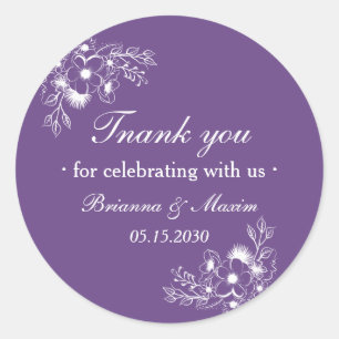 Purple Floral Wedding Thank You Classic Round Sticker