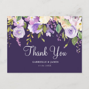 Purple floral wedding thank you postcard