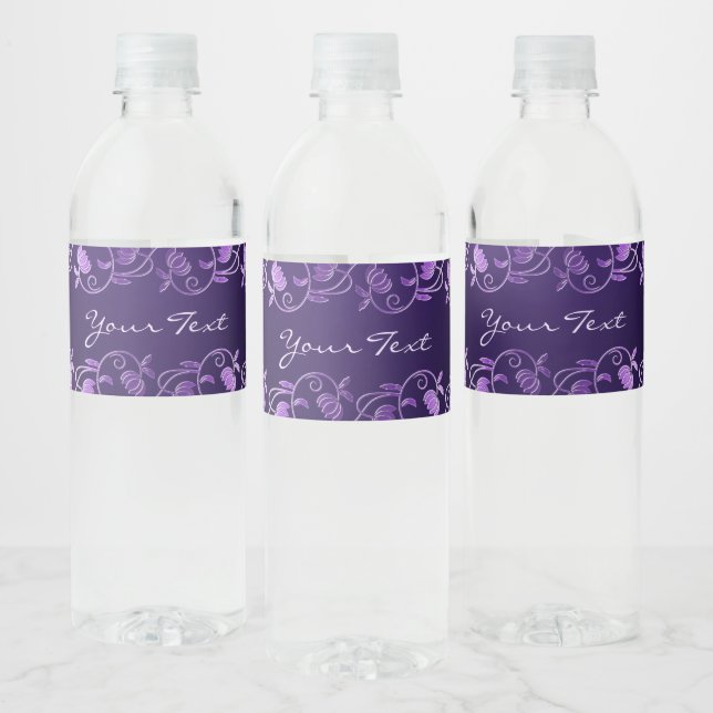 Purple Floral Wedding Water Bottle Label (Bottles)