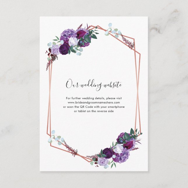 Purple Floral Wedding Website QR Code Enclosure Card (Front)