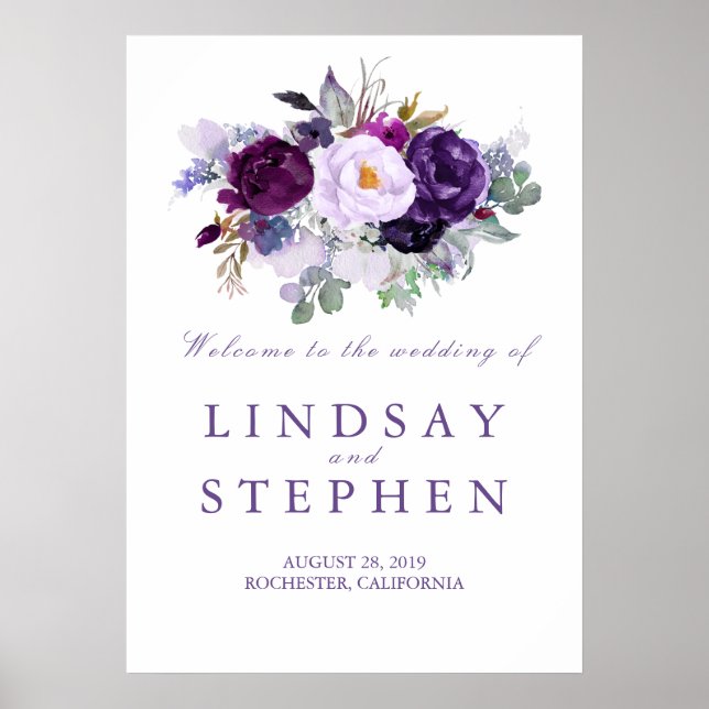 Purple Floral Wedding Welcome Sign (Front)