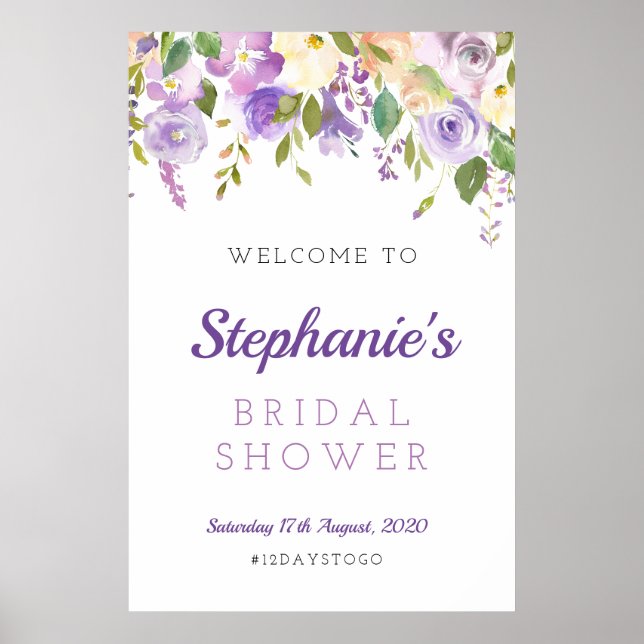 Purple floral welcome sign, purple floral poster (Front)