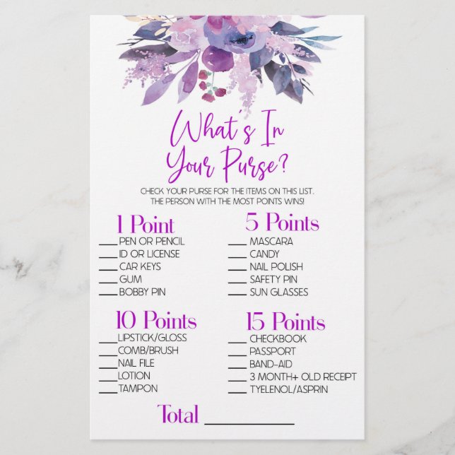 Purple Floral What's In Purse Bridal Shower Game Stationery (Front)