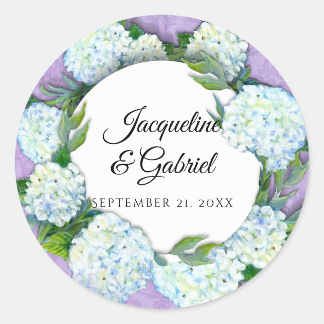Purple Floral White Hydrangea Leaf Damask Wedding Classic Round Sticker (Front)