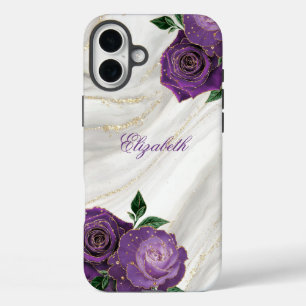 Purple Floral White Marble iPhone 16 Plus Case