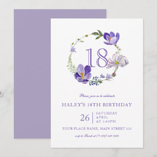 Purple Floral Wildflower Elegant 18th Birthday Invitation