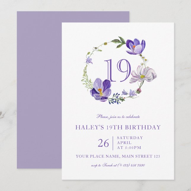 Purple Floral Wildflower Vintage 19th Birthday Invitation (Front/Back)