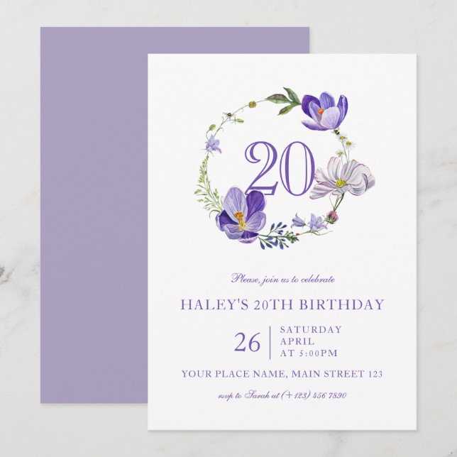 Purple Floral Wildflower Vintage 20th Birthday Invitation (Front/Back)
