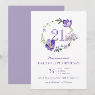 Purple Floral Wildflower Vintage 21st Birthday Invitation