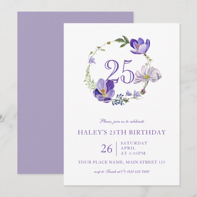 Purple Floral Wildflower Vintage 25th Birthday Invitation (Front/Back)