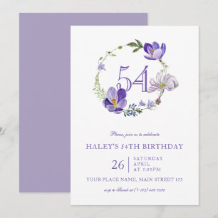 Purple Floral Wildflower Vintage 54TH Birthday Invitation