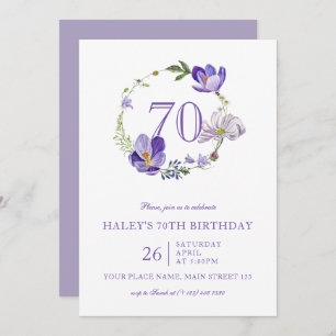 Purple Floral Wildflower Vintage 70TH Birthday Invitation