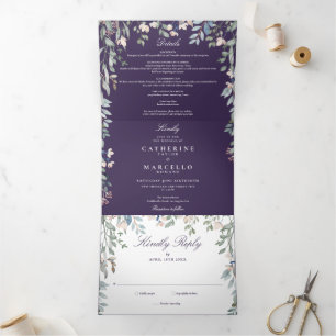 Purple Floral Wildflowers Monogram Photo Wedding Tri-Fold Invitation