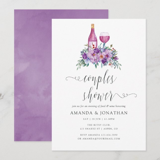 Purple Floral Wine Tasting Couples Shower Invitation (Front/Back)