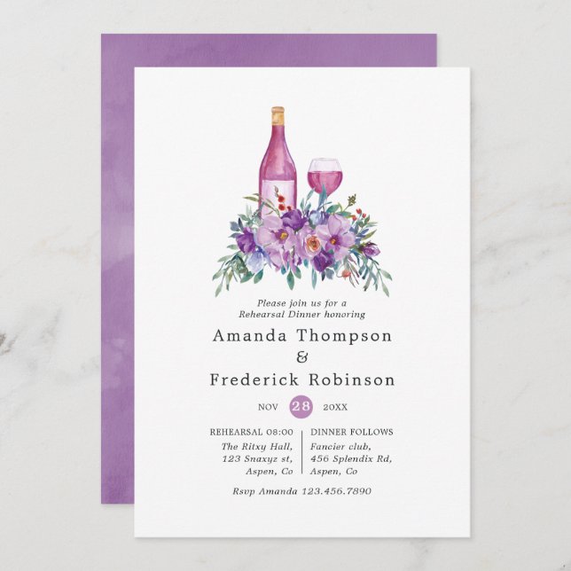 Purple Floral Wine Tasting Rehearsal Dinner Invitation (Front/Back)