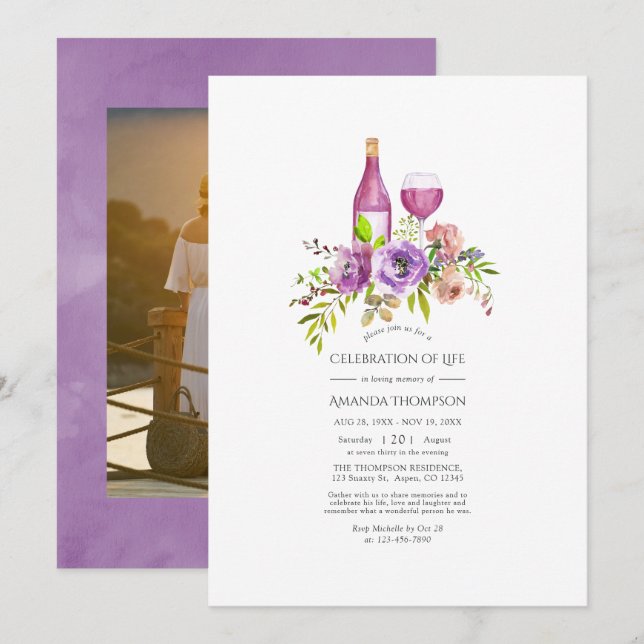 Purple Floral Wine themed Celebration of Life Invitation (Front/Back)