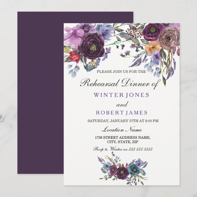 Purple Floral Winter Wedding Rehearsal Dinner Invitation (Front/Back)