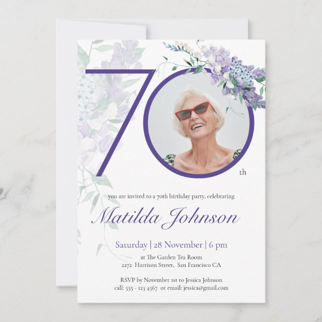 Purple Floral Wisteria Custom Photo 70th Birthday Invitation (Front)