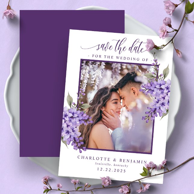 Purple Floral Wisteria Photo Save The Date Card (Creator Uploaded)