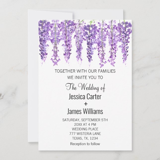 Purple Floral Wisteria Watercolor Lavender Wedding Invitation (Front)