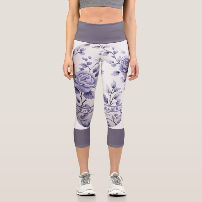Purple Floral  With Dark Purple Band Capri Leggings (Front)