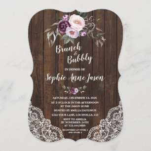 Purple Floral Wood Brunch and Bubbly Bridal Shower Invitation