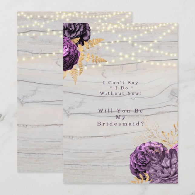 Purple Floral Wood Light Will You Be My Bridesmaid Invitation (Front/Back)