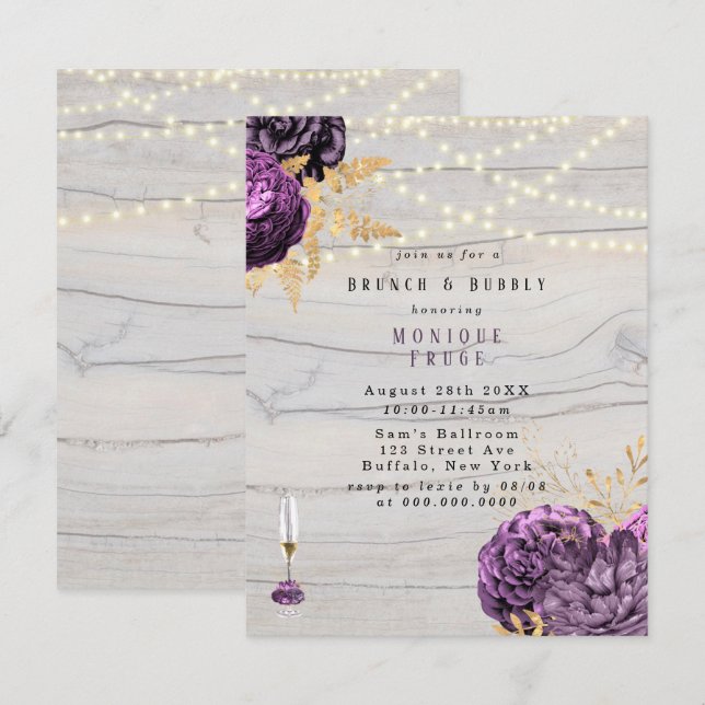 Purple Floral Wood Lights Brunch & Bubbly Invitation (Front/Back)