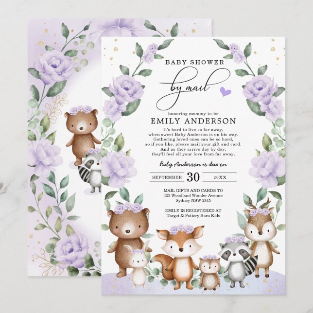 Purple Floral Woodland Animals Baby Shower Invitation (Front/Back)