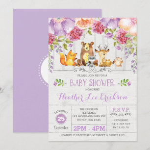 Purple Floral Woodland Animals Baby Shower Invite