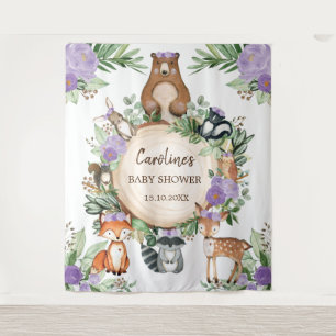 Purple Floral Woodland Animals Baby Shower Welcome Tapestry
