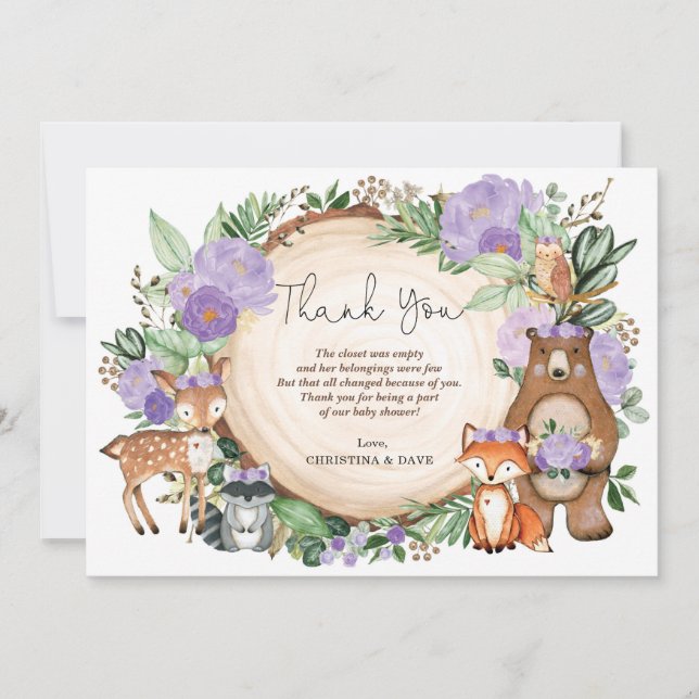 Purple Floral Woodland Animals Girl Baby Shower Thank You Card (Front)