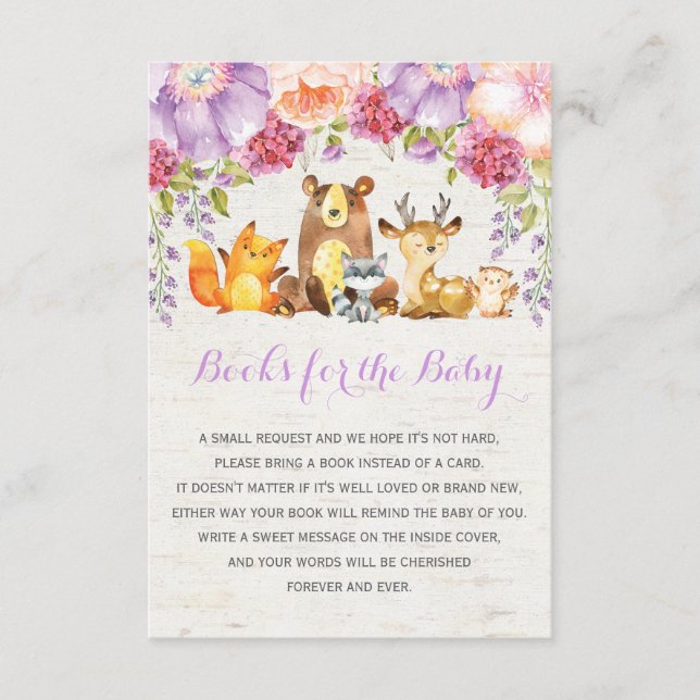 Purple Floral Woodland Forest Animals Book Request Enclosure Card (Front)