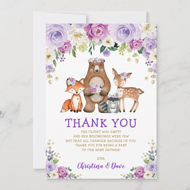 Purple Floral Woodland Forest Baby Shower Birthday Thank You Card (Front)