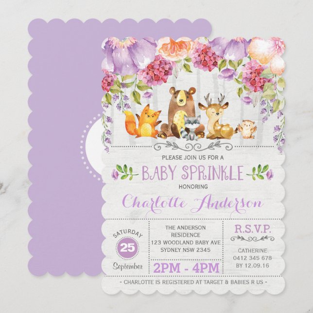 Purple Floral Woodland Forest Baby Sprinkle Invite (Front/Back)