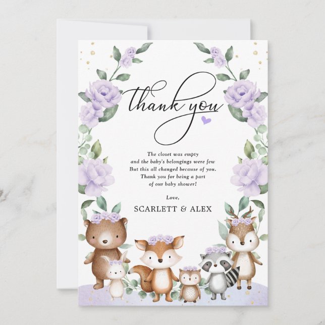 Purple Floral Woodland Greenery Animal Baby Shower Thank You Card (Front)