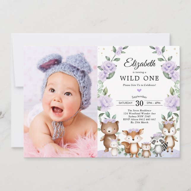 Purple Floral Woodland Wild One Birthday Party Invitation (Front)